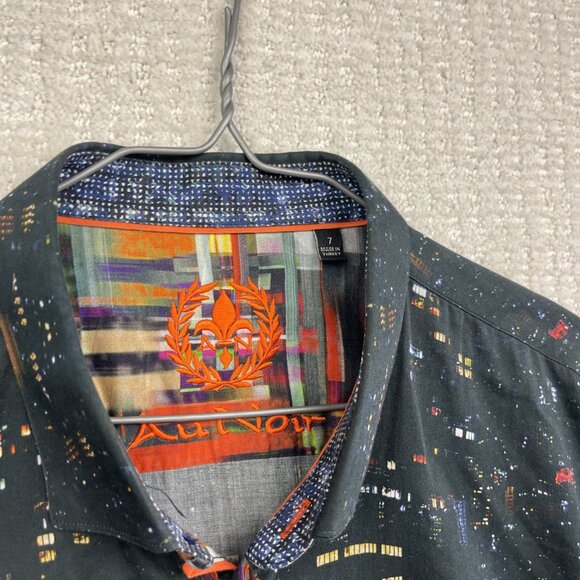 Au Noir Button Up shirt Men Sz 7 Black Colorful City Night Lights Landscape AOP - Picture 7 of 16